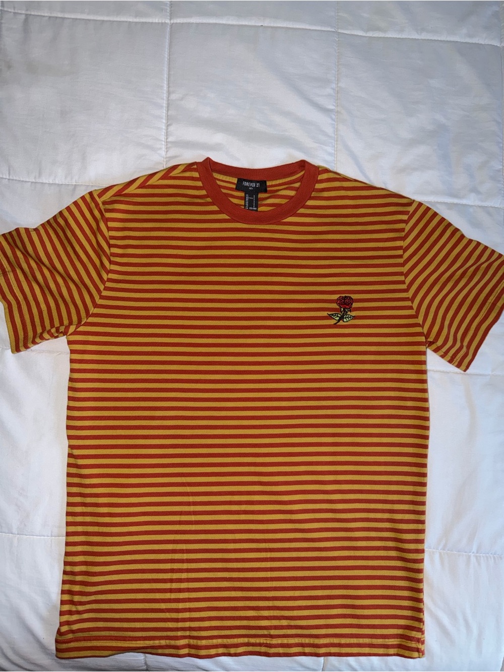 Striped Red & Yellow Crewneck T-Shirt with Rose Embroidery - Men’s Small
